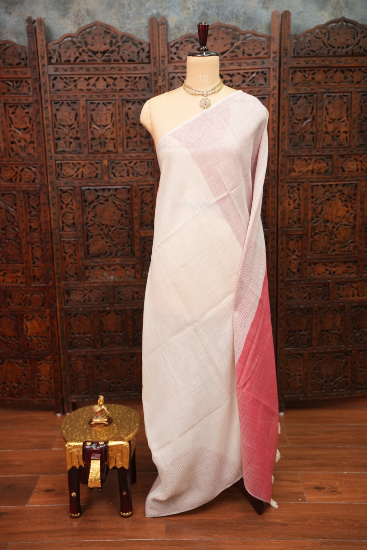 Linen Saree with Needle Embroidery – Off White & Rose Pink