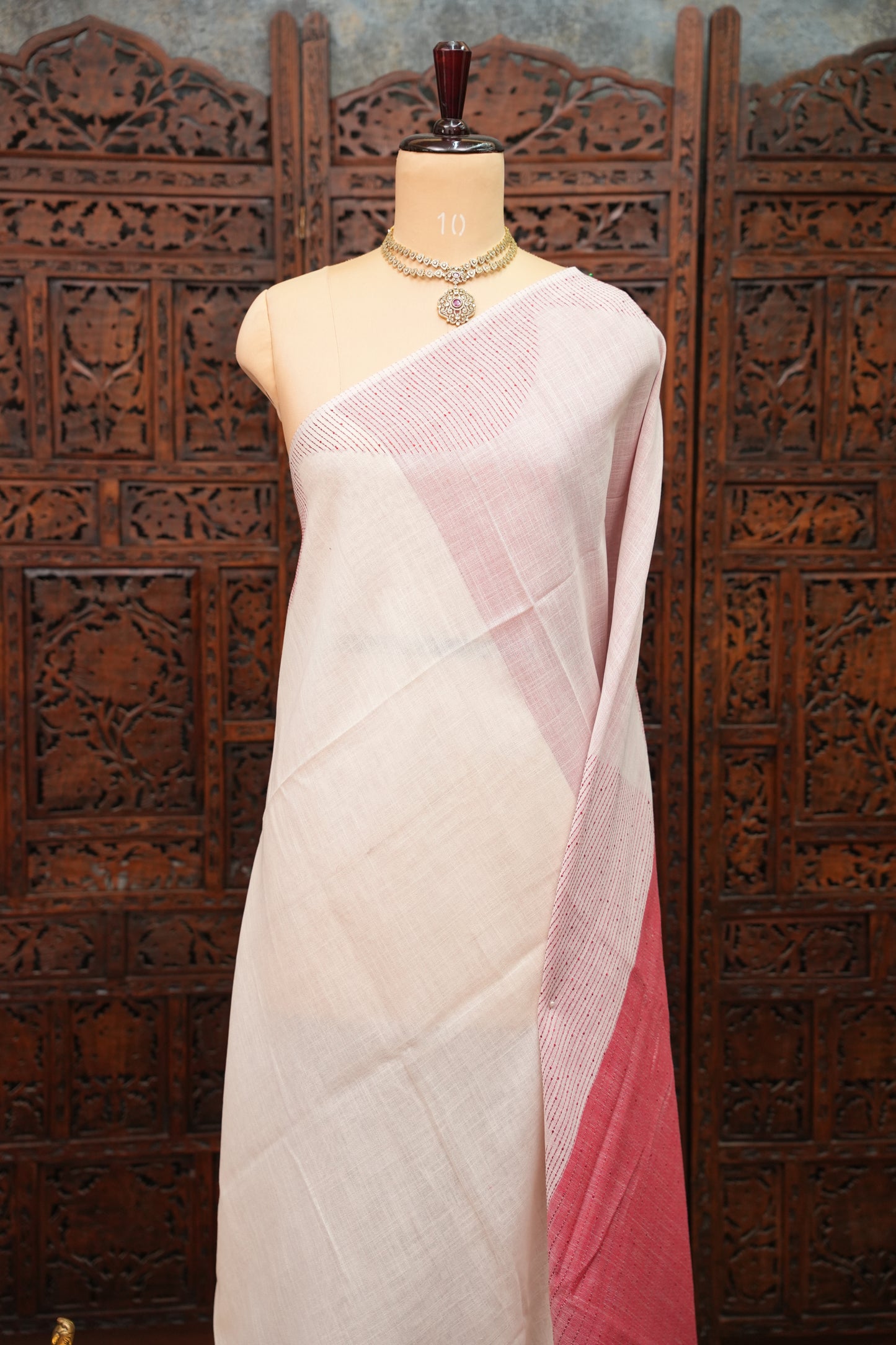 Linen Saree with Needle Embroidery – Off White & Rose Pink