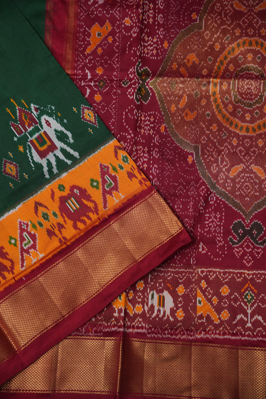 Pure Ikkat Soft Silk Saree - Green & Red