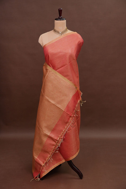Coral Red & Gold Tissue Linen Saree