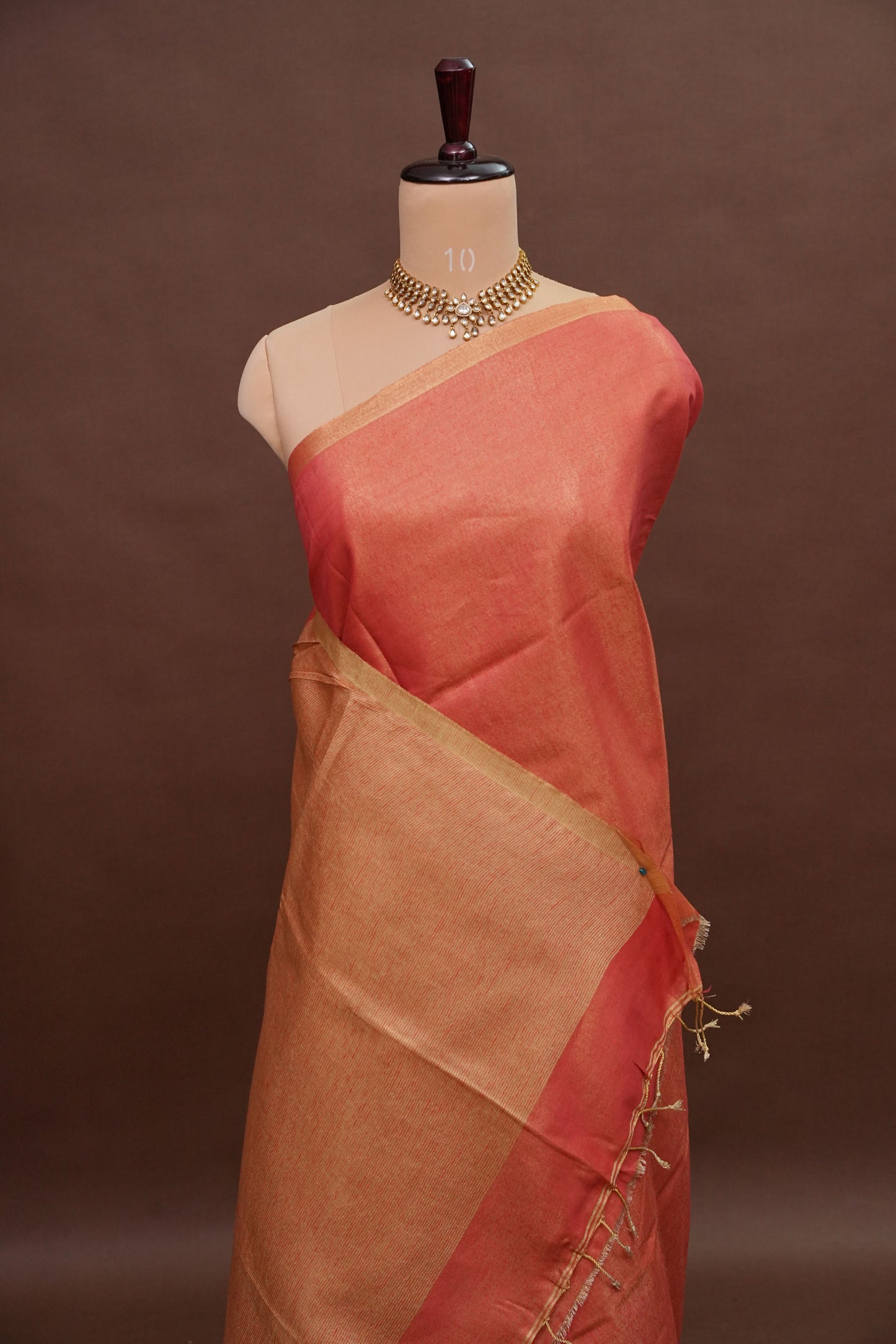 Coral Red & Gold Tissue Linen Saree