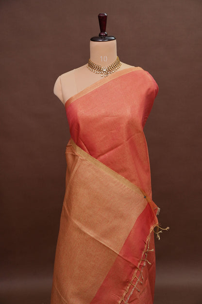Coral Red & Gold Tissue Linen Saree