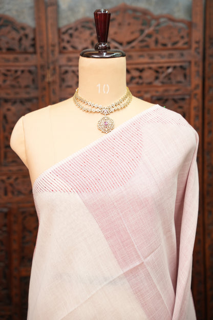 Linen Saree with Needle Embroidery – Off White & Rose Pink