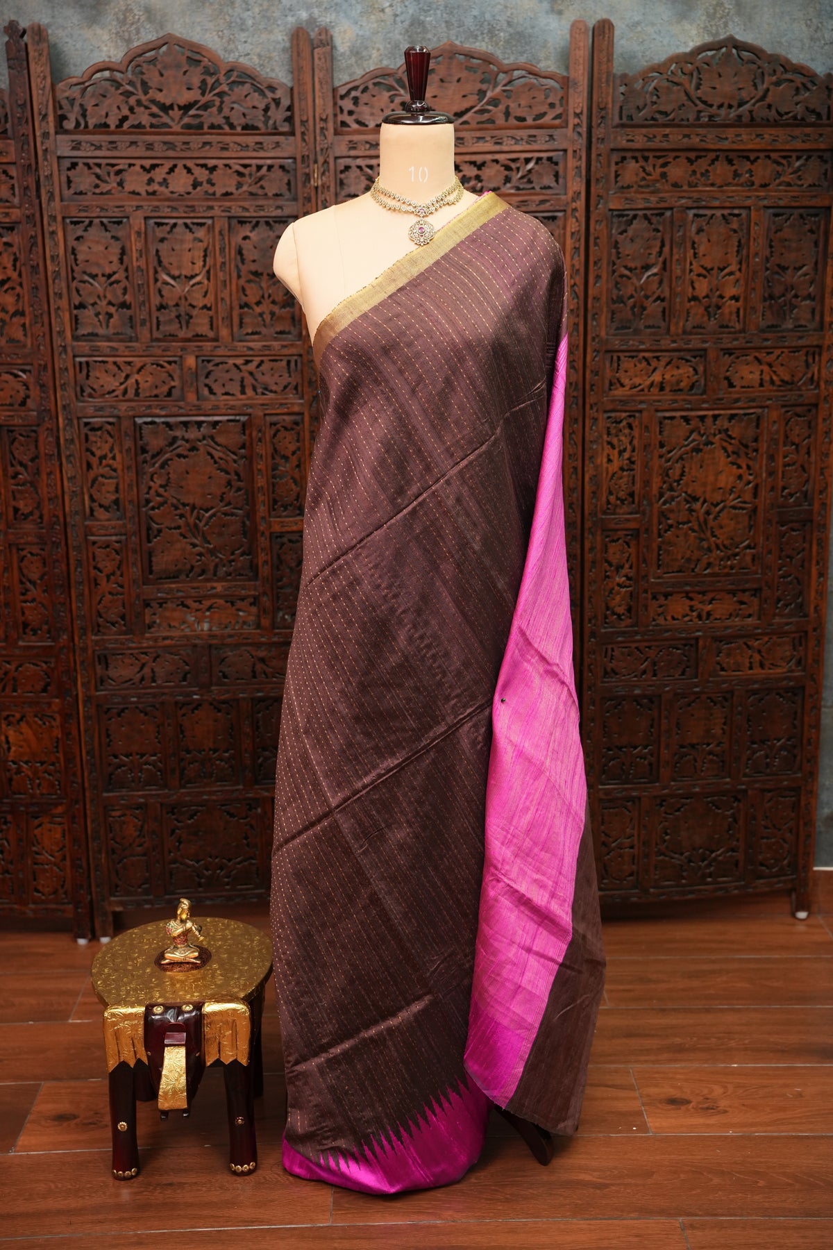 Pure Raw Silk Saree – Coffee Brown & Hot Pink
