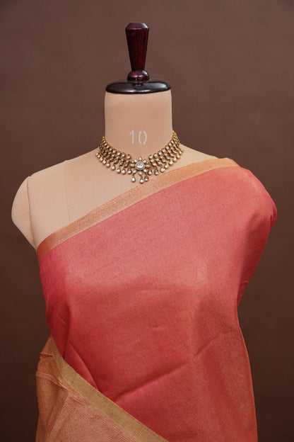 Coral Red & Gold Tissue Linen Saree