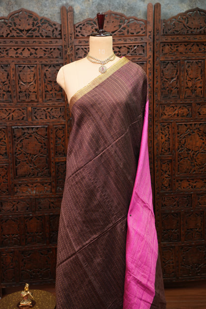 Pure Raw Silk Saree – Coffee Brown & Hot Pink
