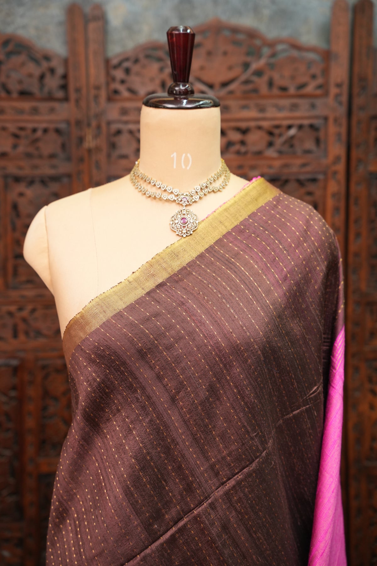Pure Raw Silk Saree – Coffee Brown & Hot Pink