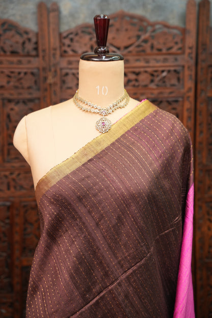 Pure Raw Silk Saree – Coffee Brown & Hot Pink