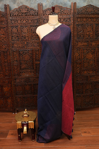 Linen Saree with Needle Embroidery – Navy Blue & Crimson Red