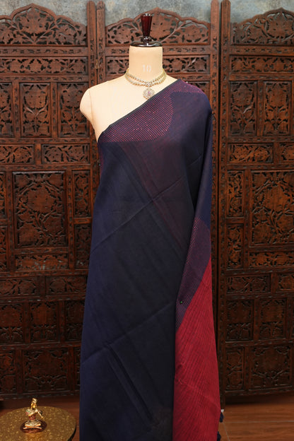 Linen Saree with Needle Embroidery – Navy Blue & Crimson Red