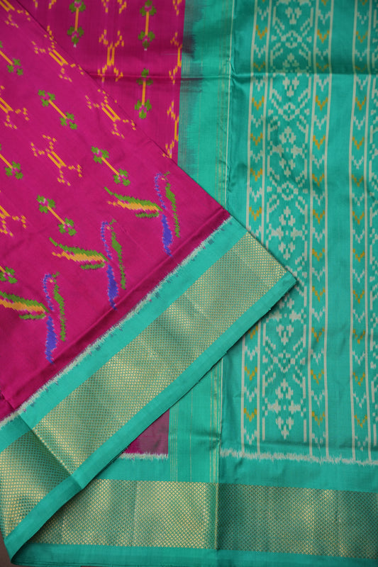 Pure Ikkat Soft Silk Saree - Magenta & Sea Green