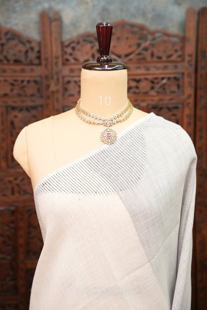 Linen Saree with Needle Embroidery – Ivory White & Charcoal Grey