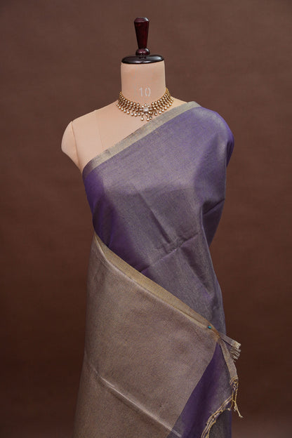Violet Tissue Linen Saree with Gold Piping Border