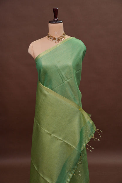 Fresh Green & Soft Gold Tissue Linen Saree