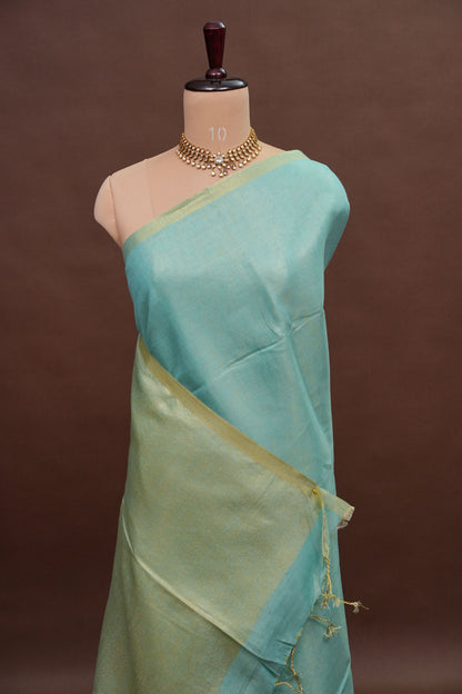 Aqua Blue & Soft Gold Tissue Linen Saree