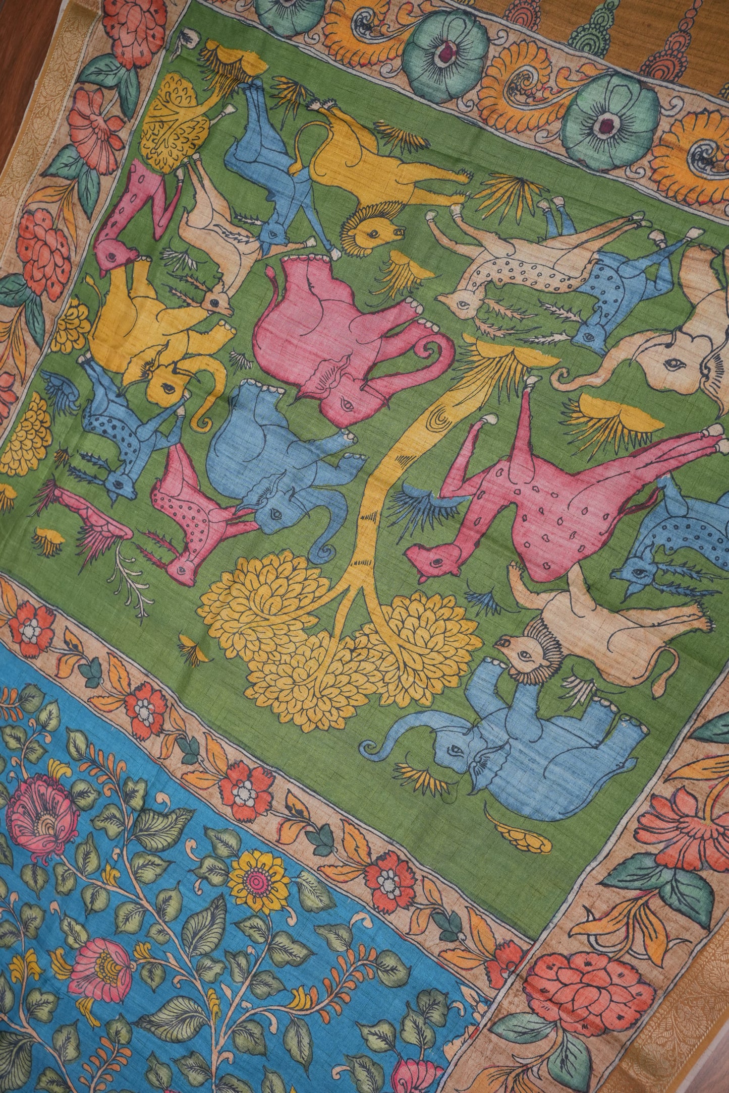 Linen Tussar Saree with Kalamkari Digital Print – Green & Blue