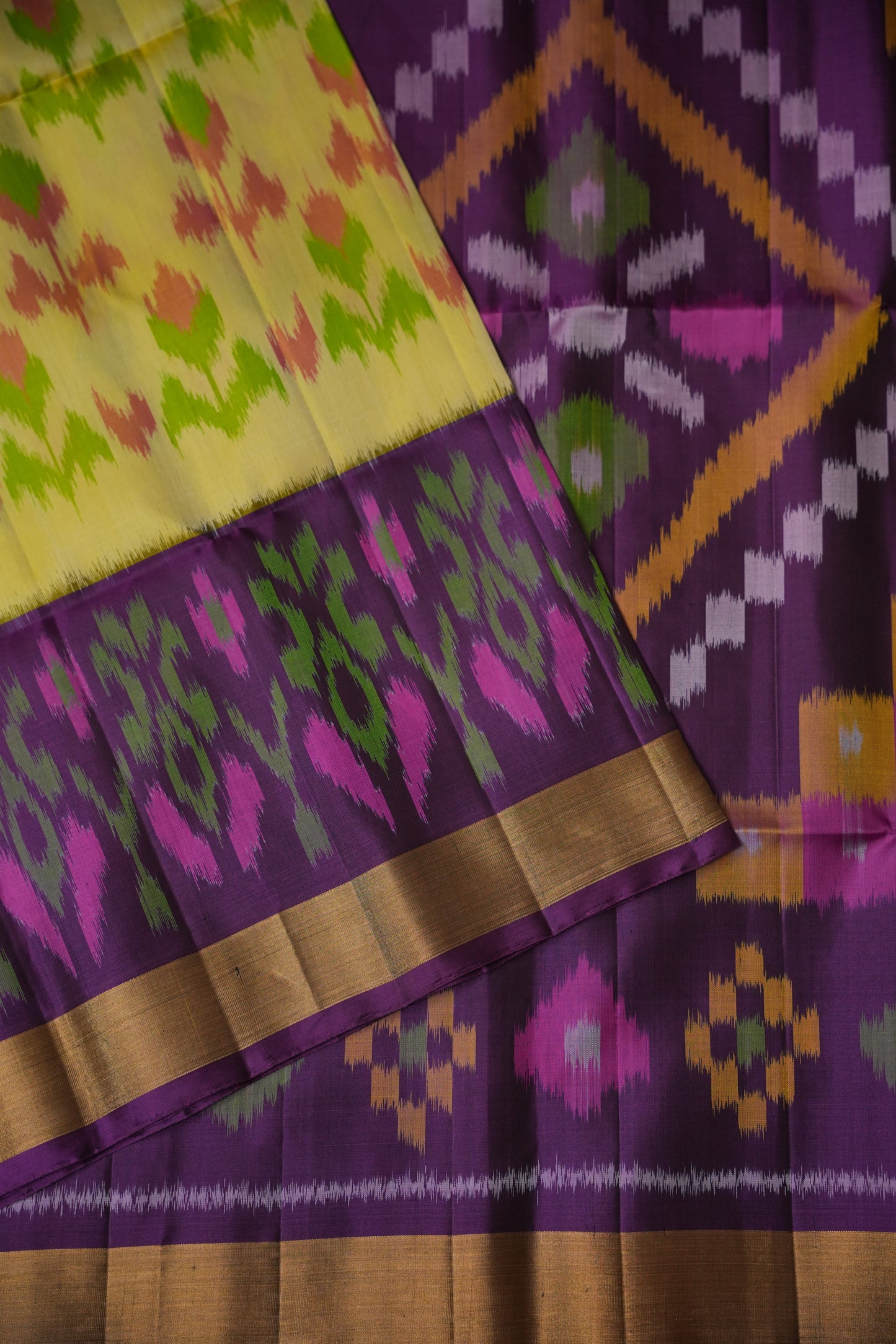 Pure Ikkat Soft Silk Saree - Purple & Yellow