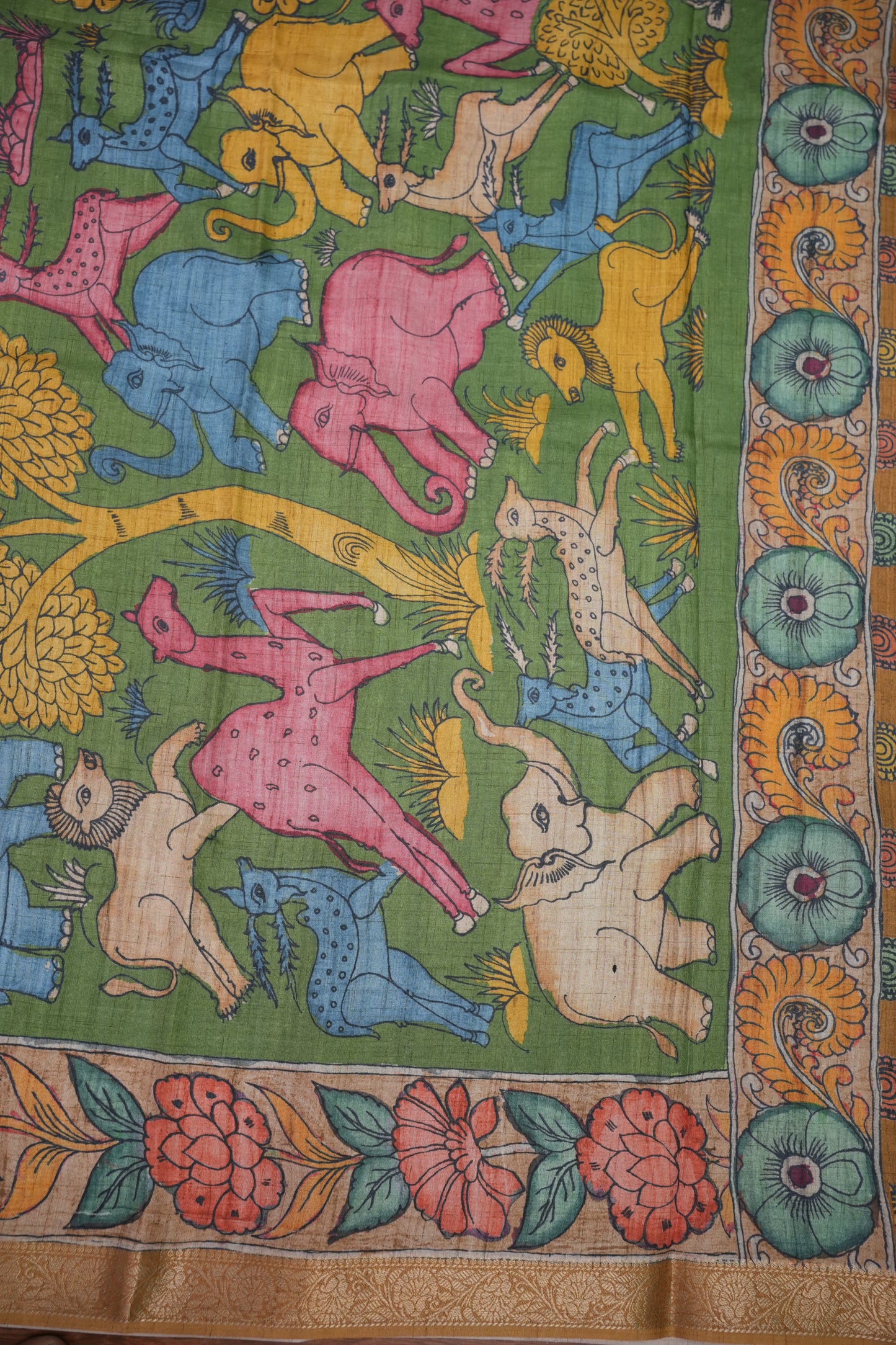 Linen Tussar Saree with Kalamkari Digital Print – Green & Blue