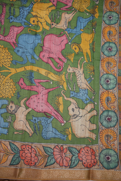 Linen Tussar Saree with Kalamkari Digital Print – Green & Blue