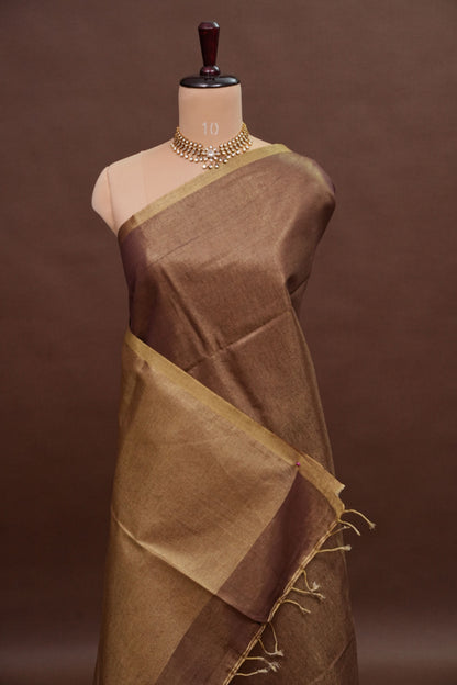 Mocha Brown & Antique Gold Tissue Linen Saree