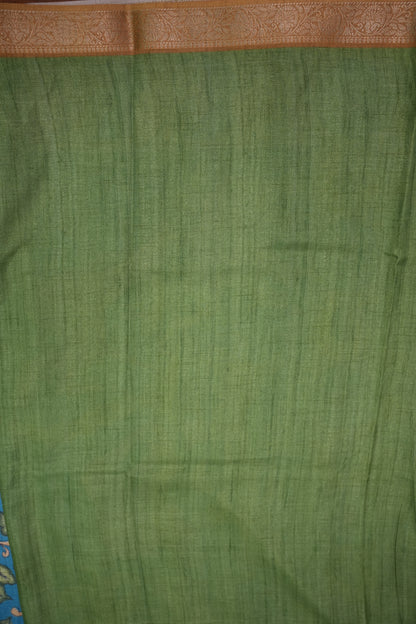 Linen Tussar Saree with Kalamkari Digital Print – Green & Blue