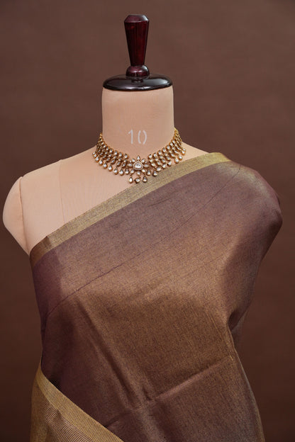 Mocha Brown & Antique Gold Tissue Linen Saree