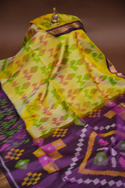 Pure Ikkat Soft Silk Saree - Purple & Yellow