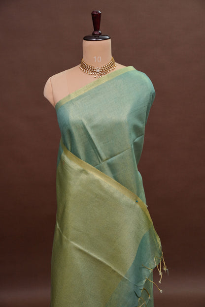Sage Green & Olive Gold Tissue Linen Saree