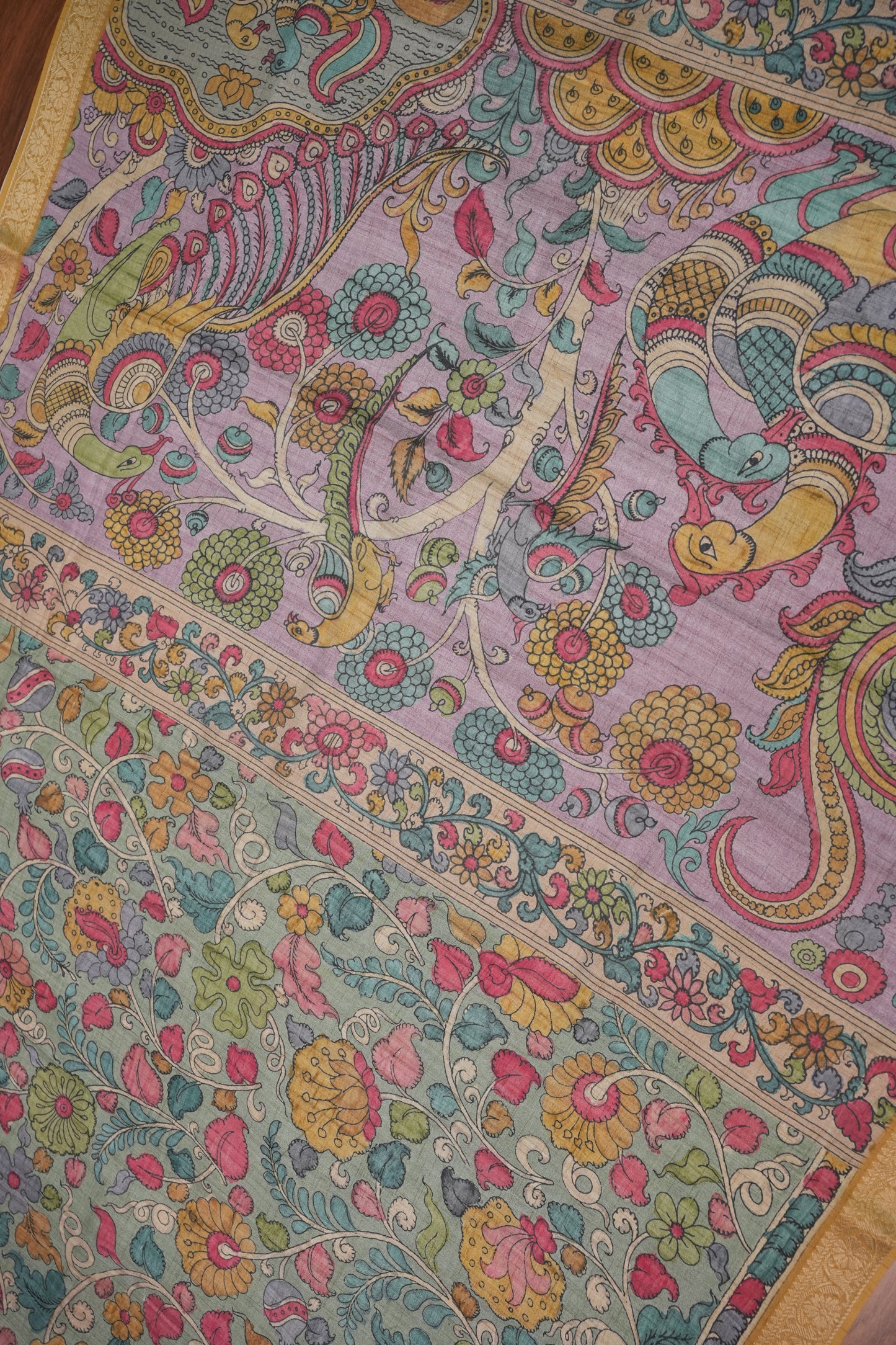 Linen Tussar Saree with Kalamkari Digital Print – Steel Grey Kalamkari Theme