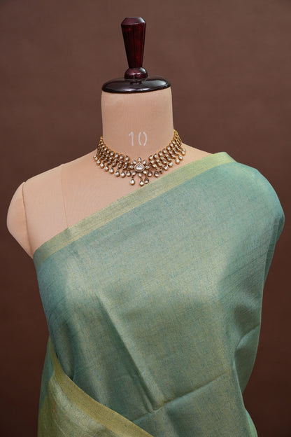 Sage Green & Olive Gold Tissue Linen Saree