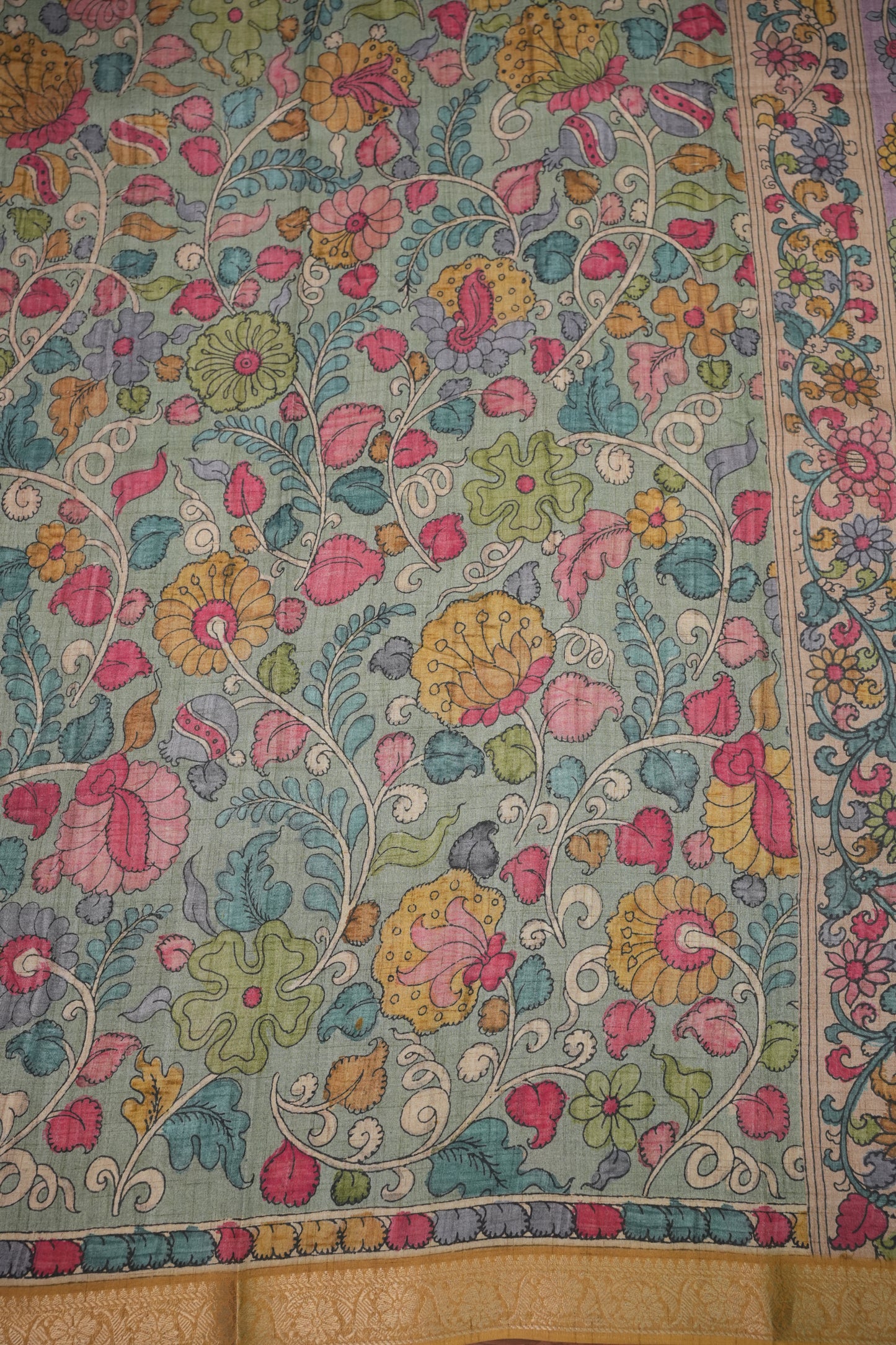Linen Tussar Saree with Kalamkari Digital Print – Steel Grey Kalamkari Theme