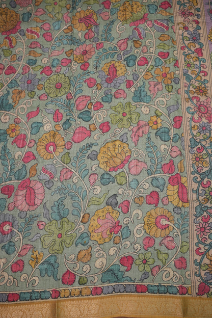 Linen Tussar Saree with Kalamkari Digital Print – Steel Grey Kalamkari Theme