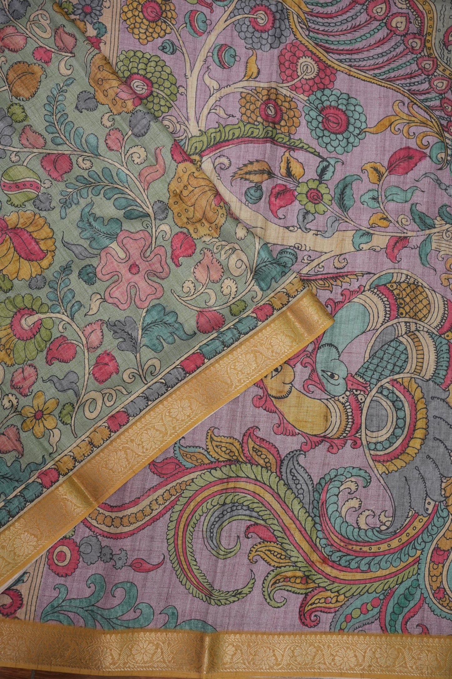 Linen Tussar Saree with Kalamkari Digital Print – Steel Grey Kalamkari Theme