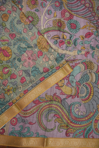 Linen Tussar Saree with Kalamkari Digital Print – Steel Grey Kalamkari Theme