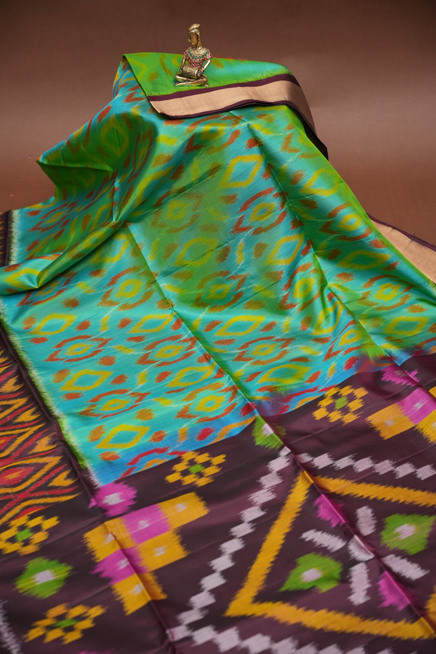 Pure Ikkat Soft Silk Saree - Coffee & Teal