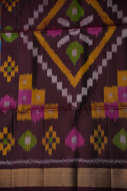 Pure Ikkat Soft Silk Saree - Coffee & Teal