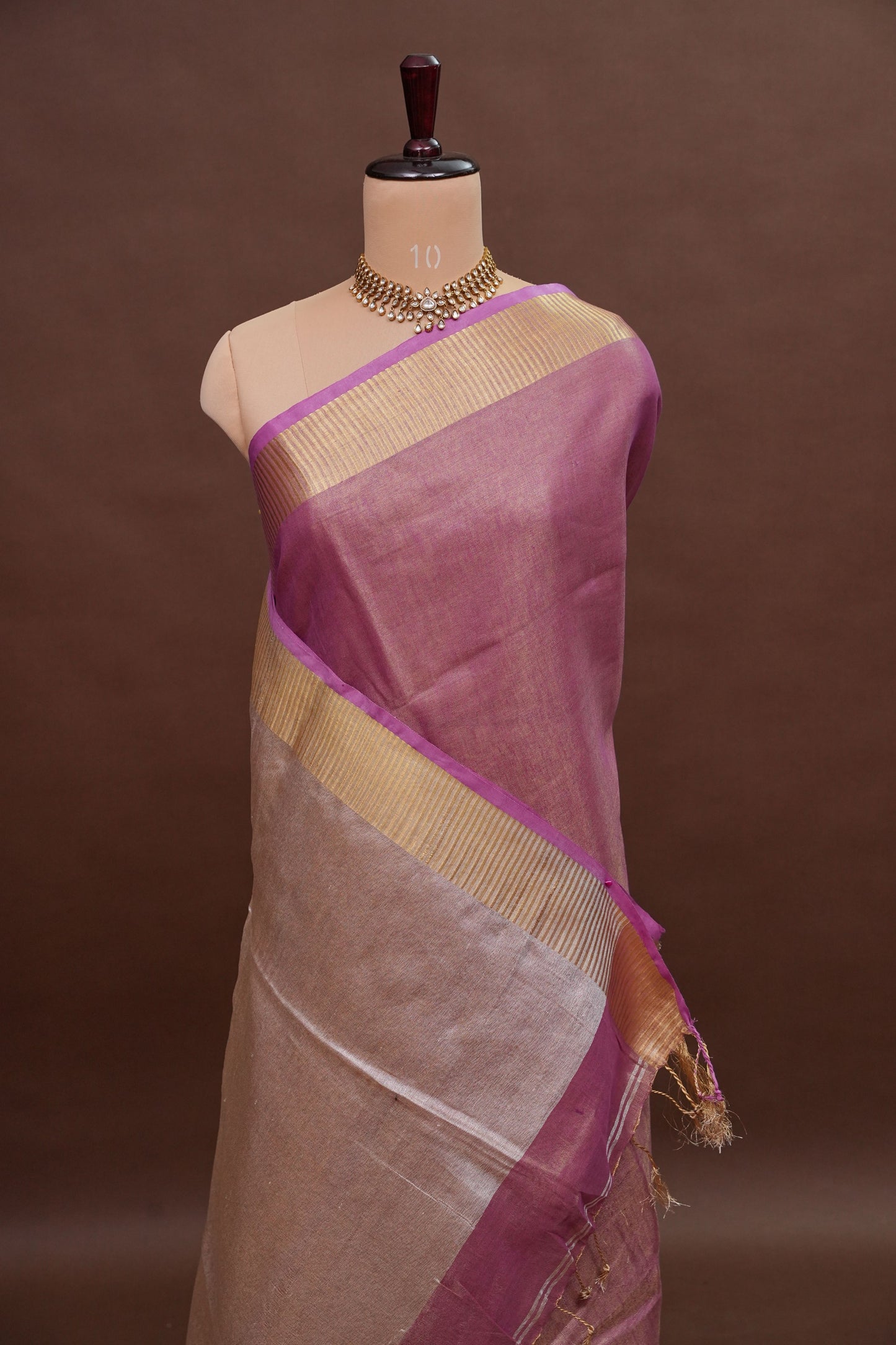 Rose Pink & Champagne Gold Tissue Linen Saree with Zari Border