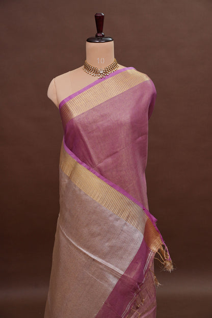 Rose Pink & Champagne Gold Tissue Linen Saree with Zari Border