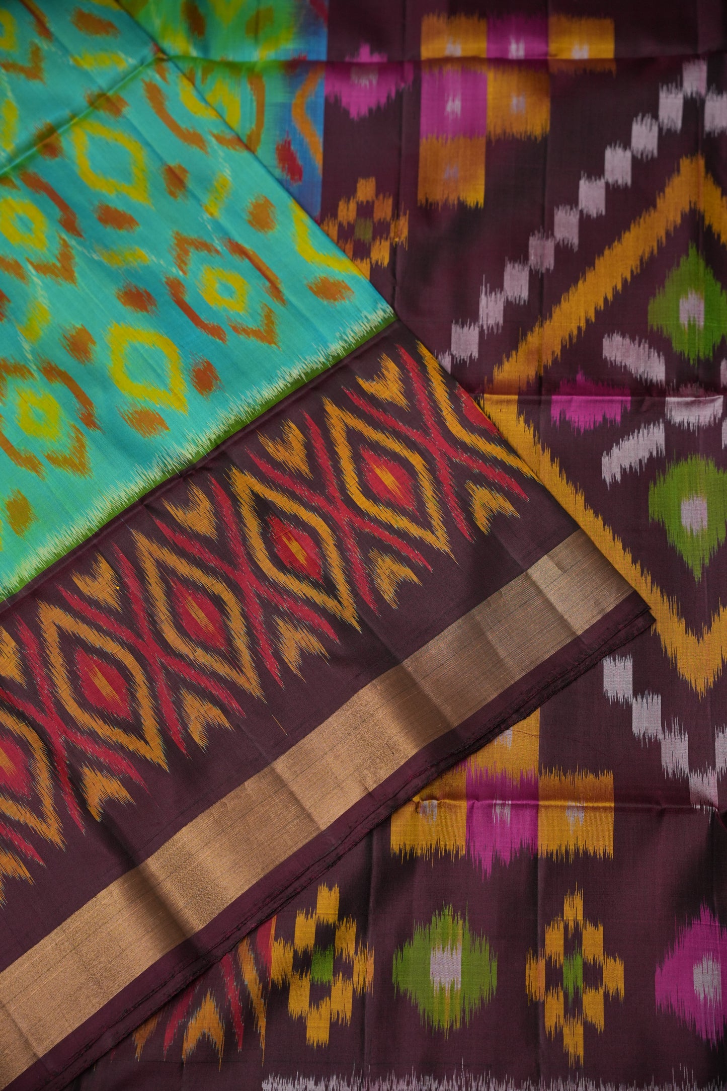 Pure Ikkat Soft Silk Saree - Coffee & Teal