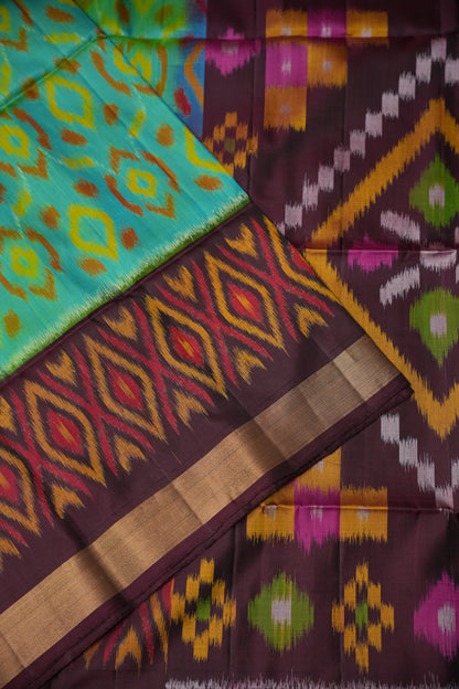 Pure Ikkat Soft Silk Saree - Coffee & Teal