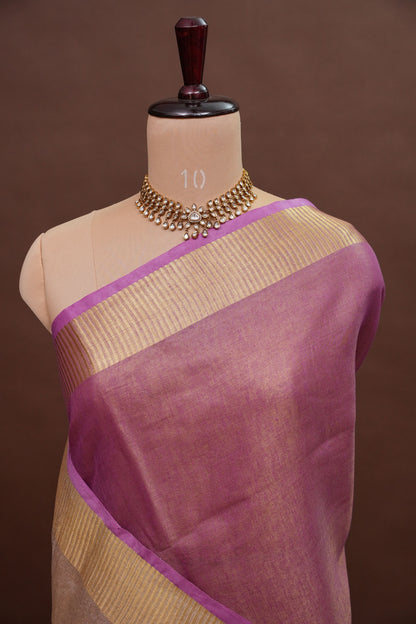 Rose Pink & Champagne Gold Tissue Linen Saree with Zari Border