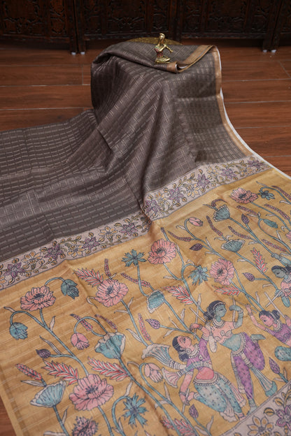 Semi Tussar Raw Silk Saree with Checkered Body & Kalamkari Pallu – Brown