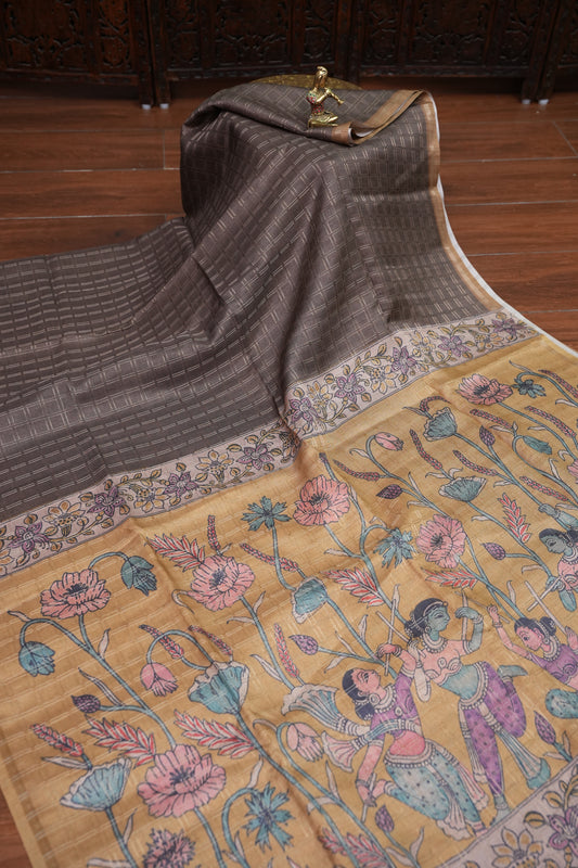 Semi Tussar Raw Silk Saree with Checkered Body & Kalamkari Pallu – Brown