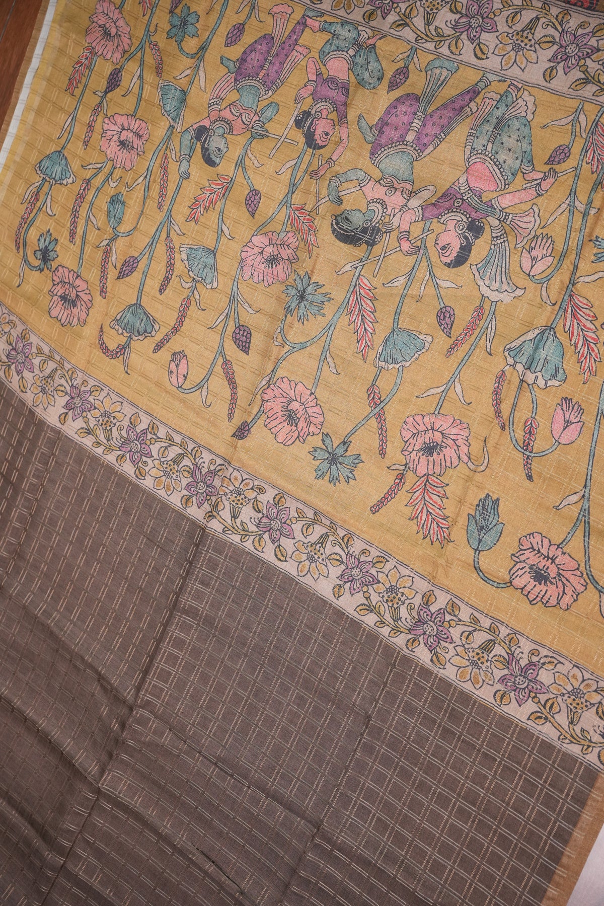 Semi Tussar Raw Silk Saree with Checkered Body & Kalamkari Pallu – Brown