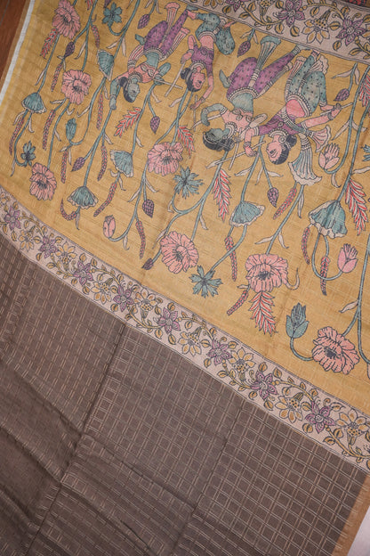 Semi Tussar Raw Silk Saree with Checkered Body & Kalamkari Pallu – Brown