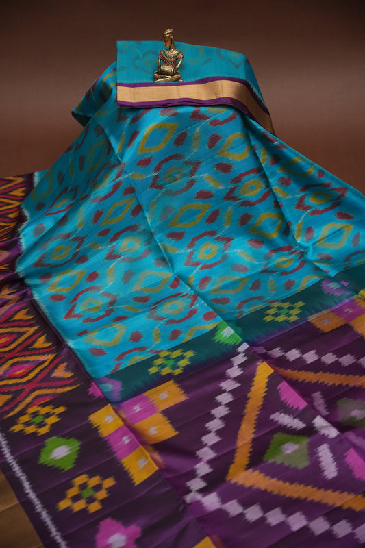 Pure Ikkat Soft Silk Saree - Turquoise Blue & Purple