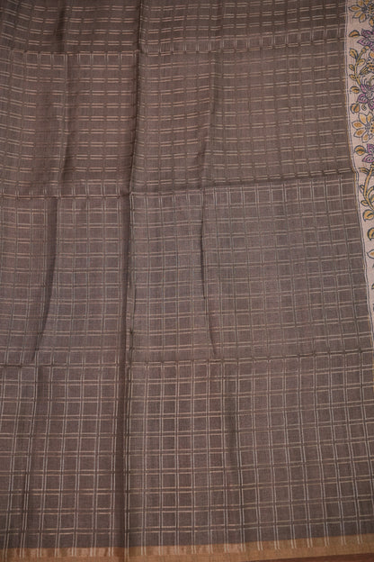 Semi Tussar Raw Silk Saree with Checkered Body & Kalamkari Pallu – Brown