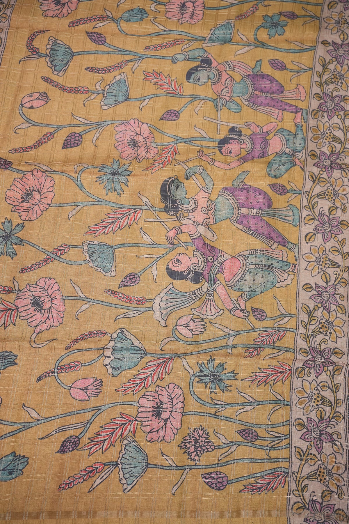 Semi Tussar Raw Silk Saree with Checkered Body & Kalamkari Pallu – Brown