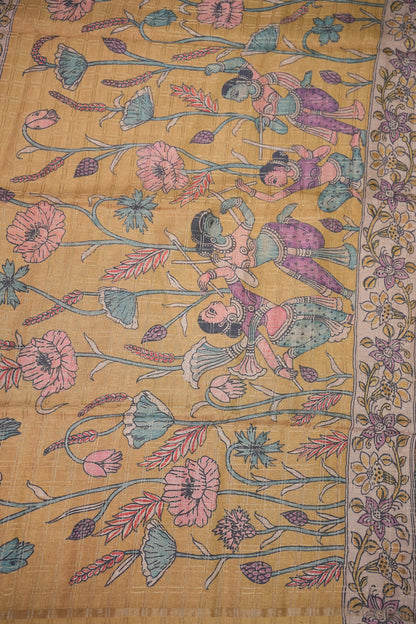 Semi Tussar Raw Silk Saree with Checkered Body & Kalamkari Pallu – Brown