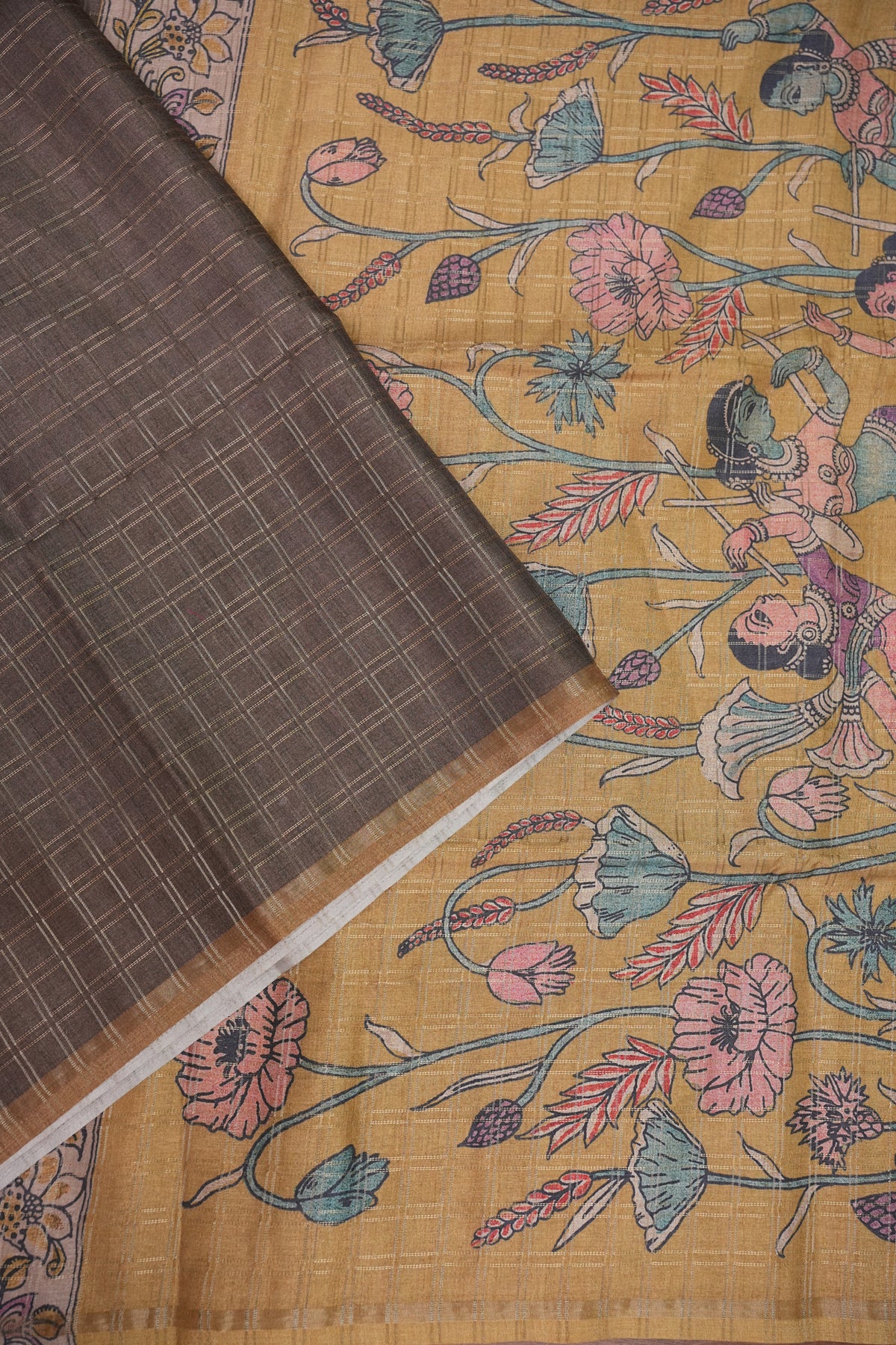 Semi Tussar Raw Silk Saree with Checkered Body & Kalamkari Pallu – Brown